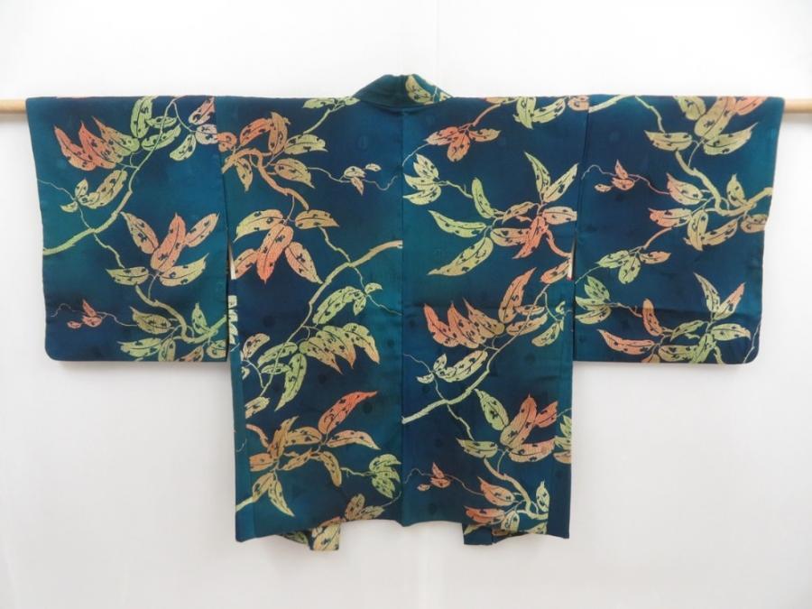5814T11z560 Vintage Japanese Kimono Silk HAORI Leaf Dark cyan