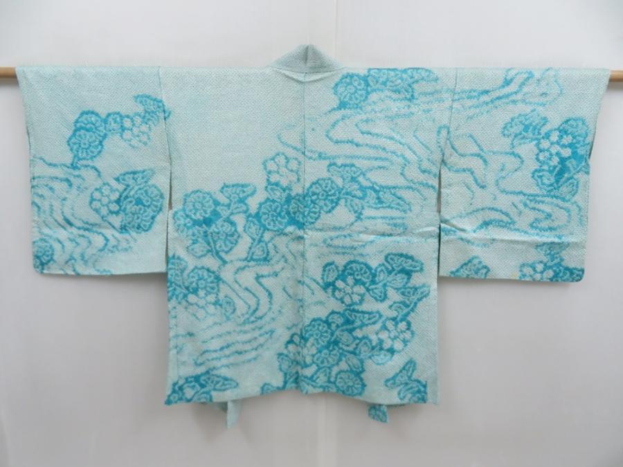 5814T12z420 Vintage Japanese Kimono Silk SHIBORI HAORI Water blue