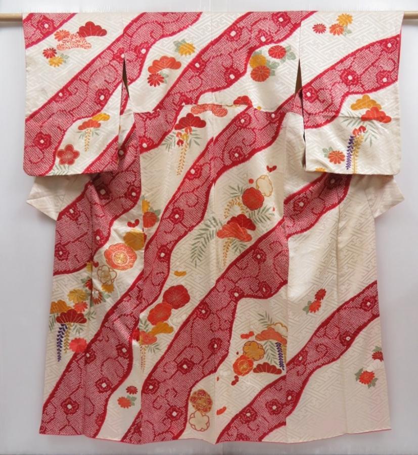 5816T13z950 Vintage Japanese Kimono Silk TSUKESAGE Plum blossom Dull red