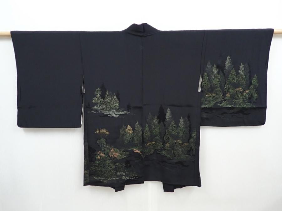 5820T06z500 Vintage Japanese Kimono Silk HAORI Trees Black