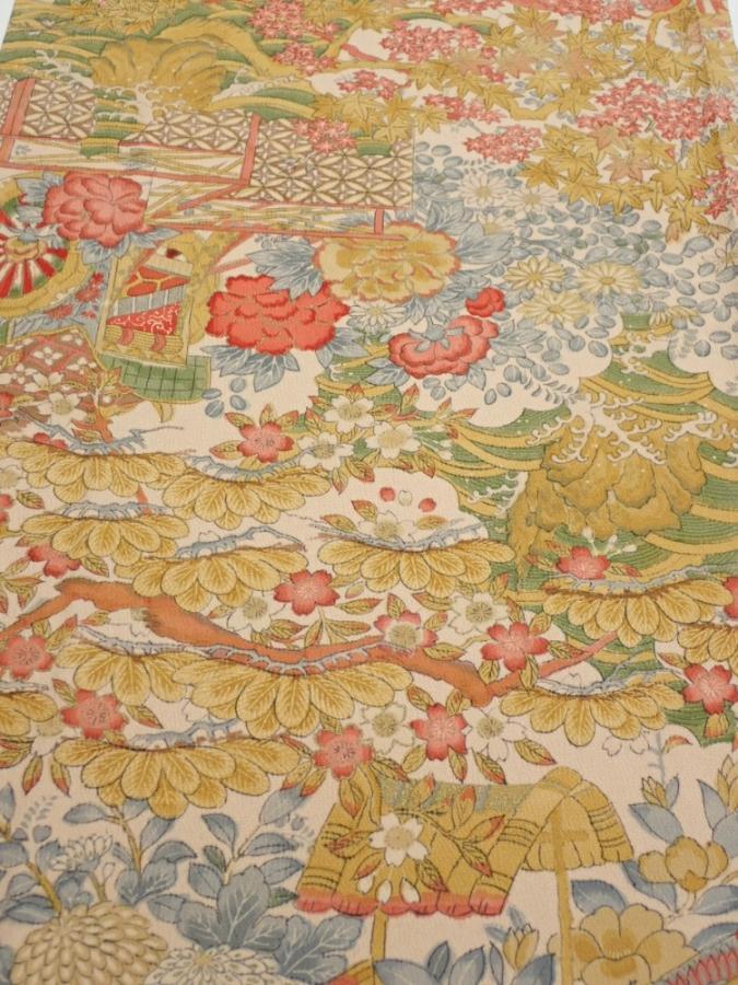 2Q02z70  Japanese Kimono Silk  FABRIC Royal cart Light brown-gray 47.2x14.4