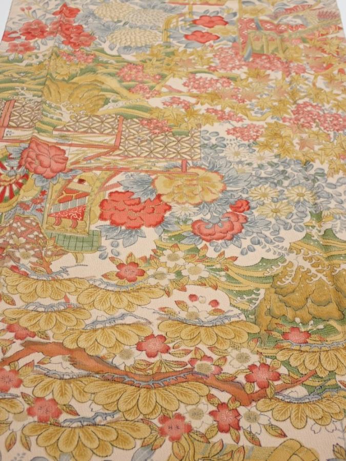 2Q05z90  Japanese Kimono Silk  FABRIC Royal cart Light brown-gray 65.4x14.4